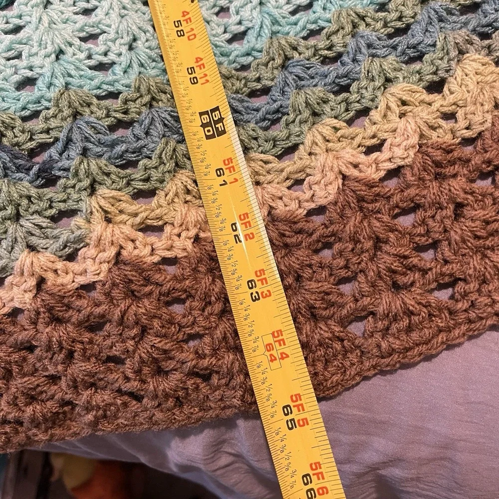 Crocheted Striped Throw Blanket afghan 65 x 28 earth tone cottage core